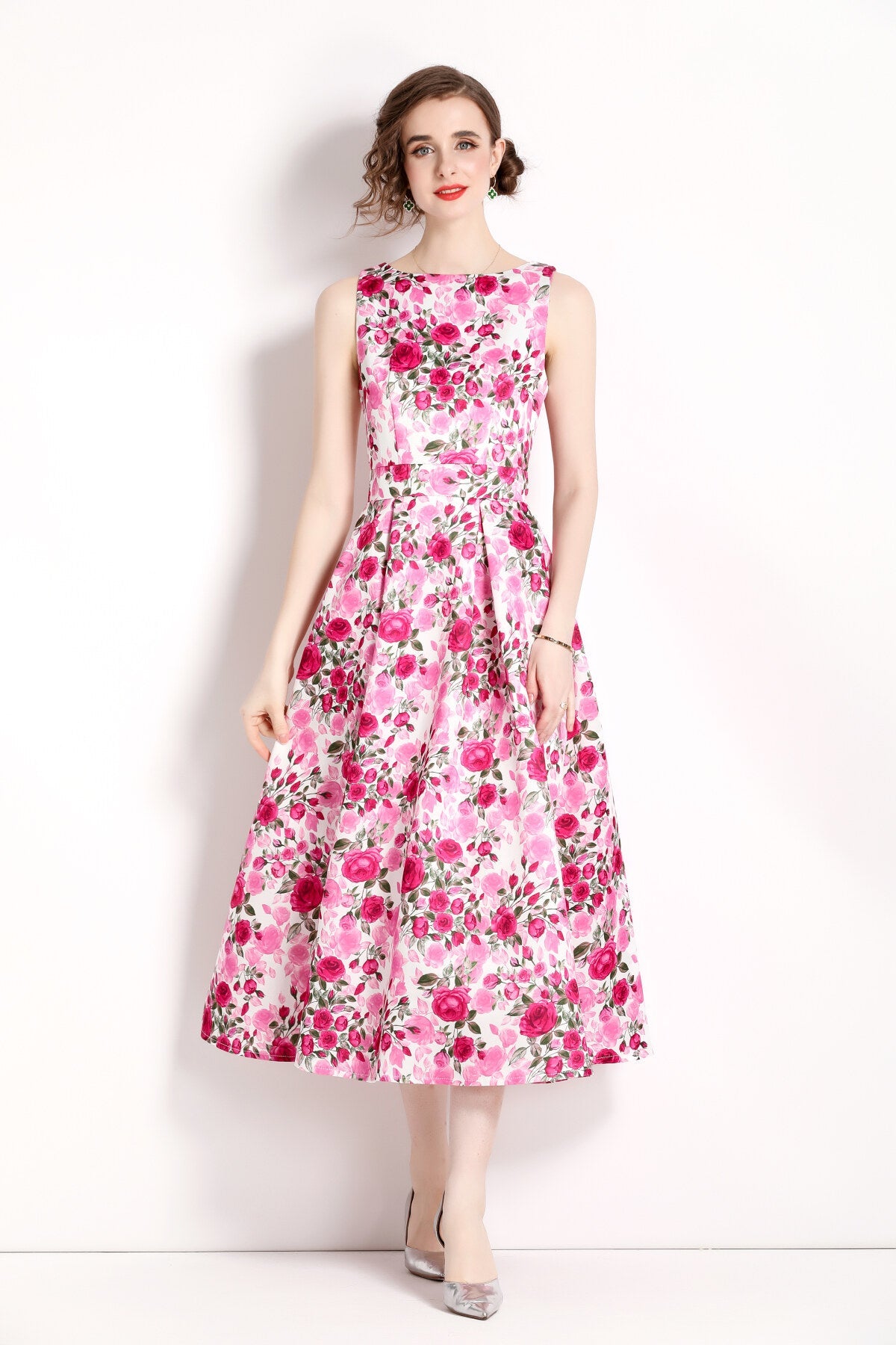 Floral Pink Sleeveless Midi Dress