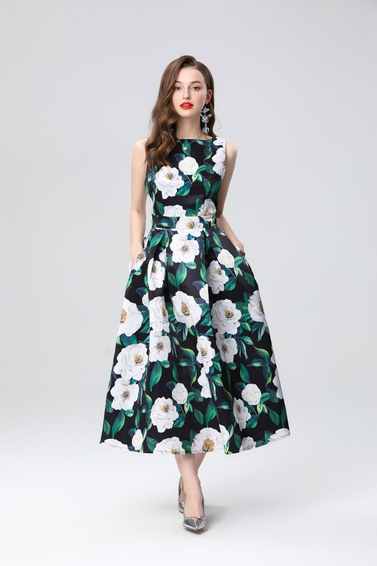 Garden Floral Structured Sleeveless High Waisted A Line Dress
