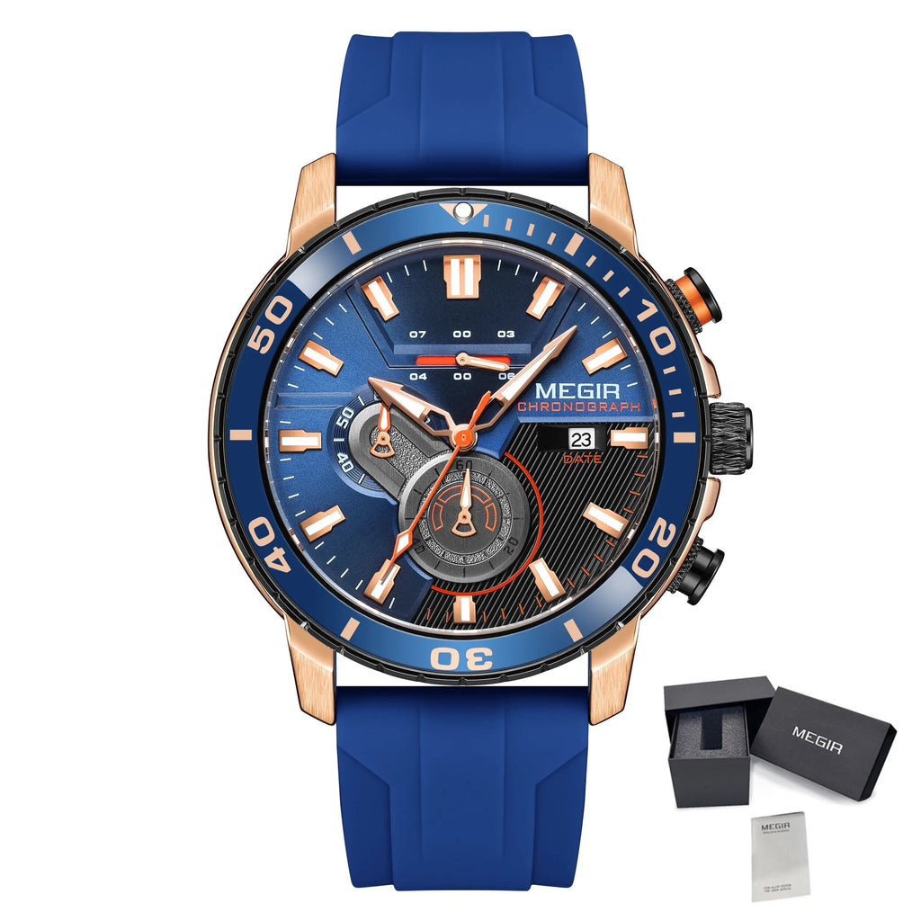 MEGIR Luxury Military Watches for Men Fashion Sport Quartz Wristwatch Waterproof Silicone Band Male Clock Chronograph with Date