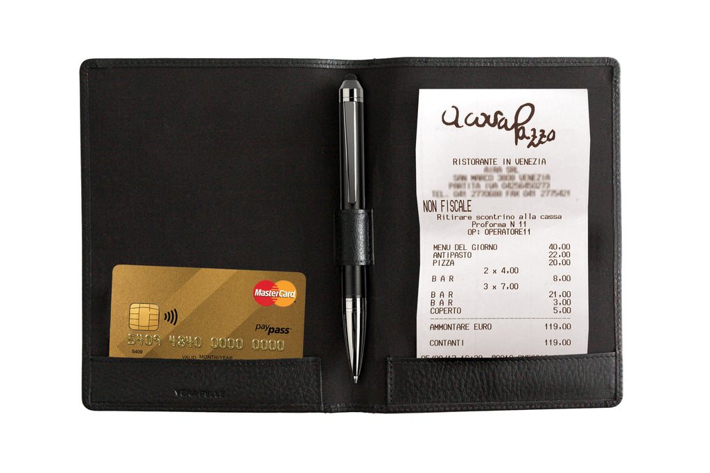 K0008AB | Bill Holder in Genuine Full-Grain Leather, Dollar Grain. Mini Internal Slots and Pen Loop. Black. Dimensions: 12 x 16 x 1 cm. Packaging: Non-woven Bag