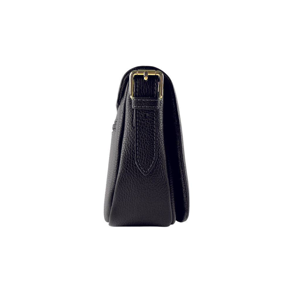RB1002A | Genuine Leather Shoulder Bag Made in Italy with Removable Leather Shoulder Strap and Shiny Gold Metal Buckle Attachments - Black Color - Dimensions: 26 x 20 x 10 cm