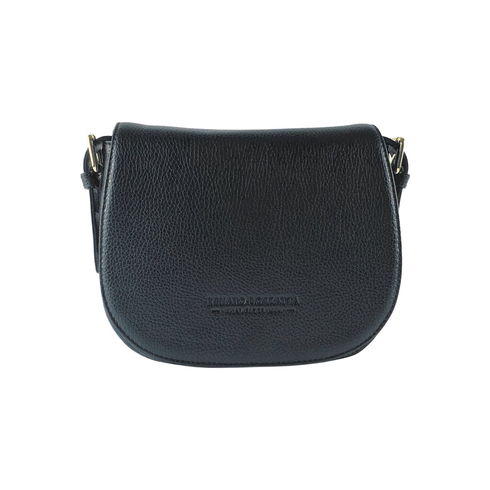 RB1002A | Genuine Leather Shoulder Bag Made in Italy with Removable Leather Shoulder Strap and Shiny Gold Metal Buckle Attachments - Black Color - Dimensions: 26 x 20 x 10 cm