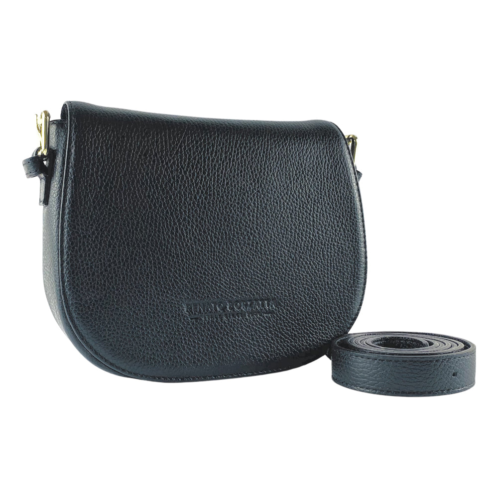 RB1002A | Genuine Leather Shoulder Bag Made in Italy with Removable Leather Shoulder Strap and Shiny Gold Metal Buckle Attachments - Black Color - Dimensions: 26 x 20 x 10 cm