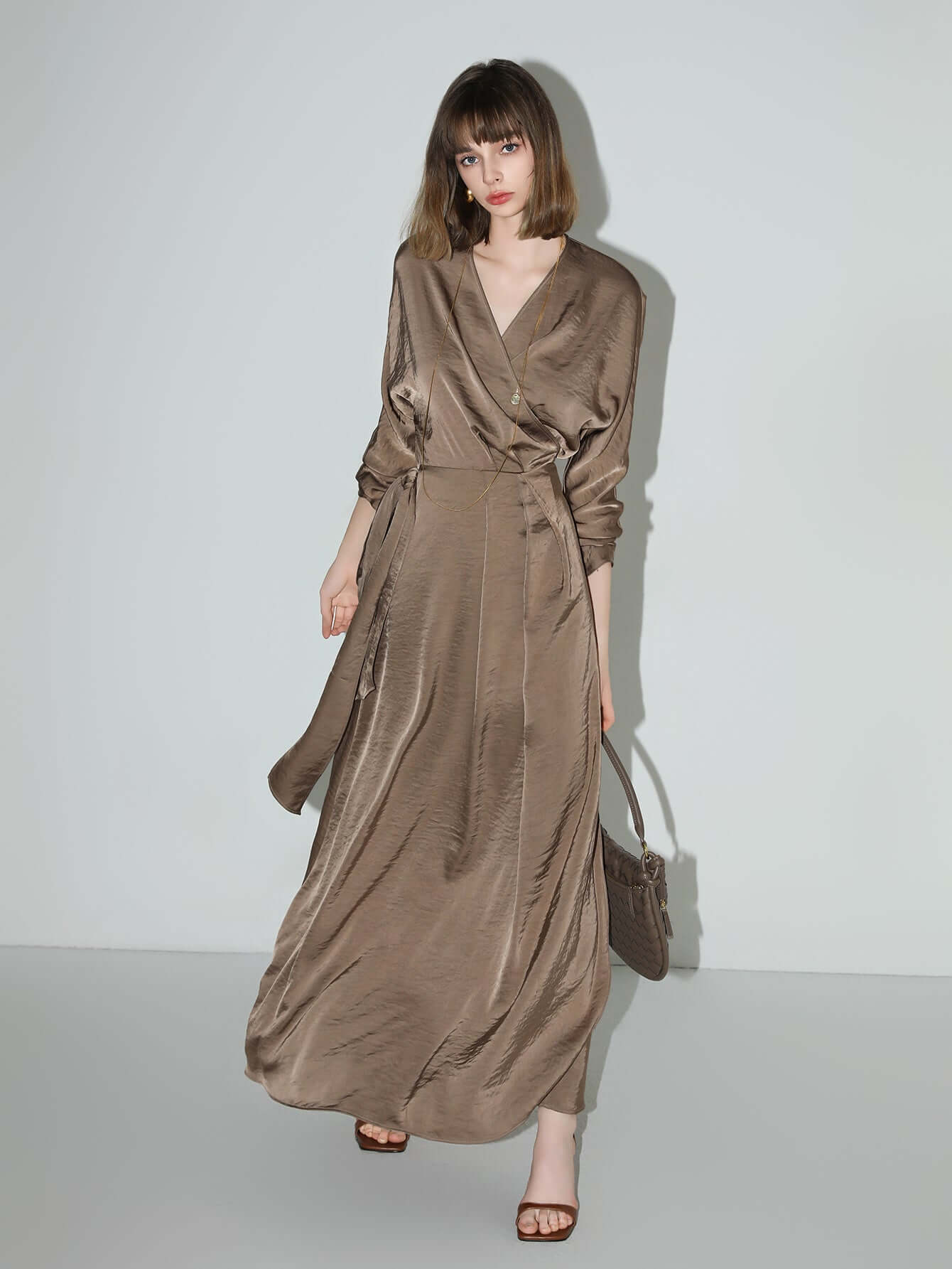 Antique Brown Satin Wrap Dress