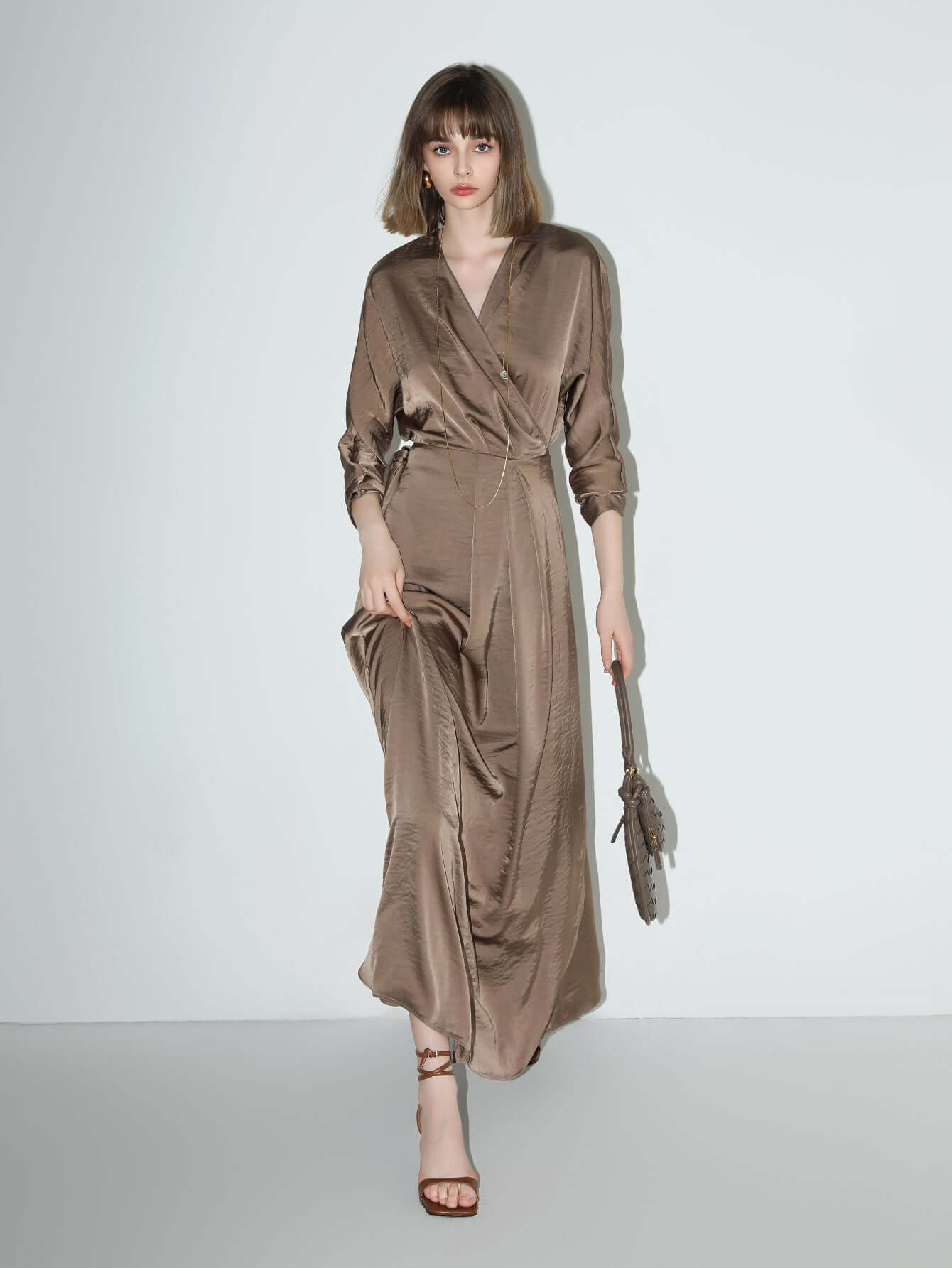 Antique Brown Satin Wrap Dress