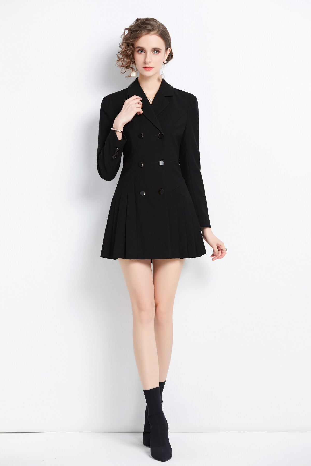 Black Pleated Cocktail Business Blazer Dress