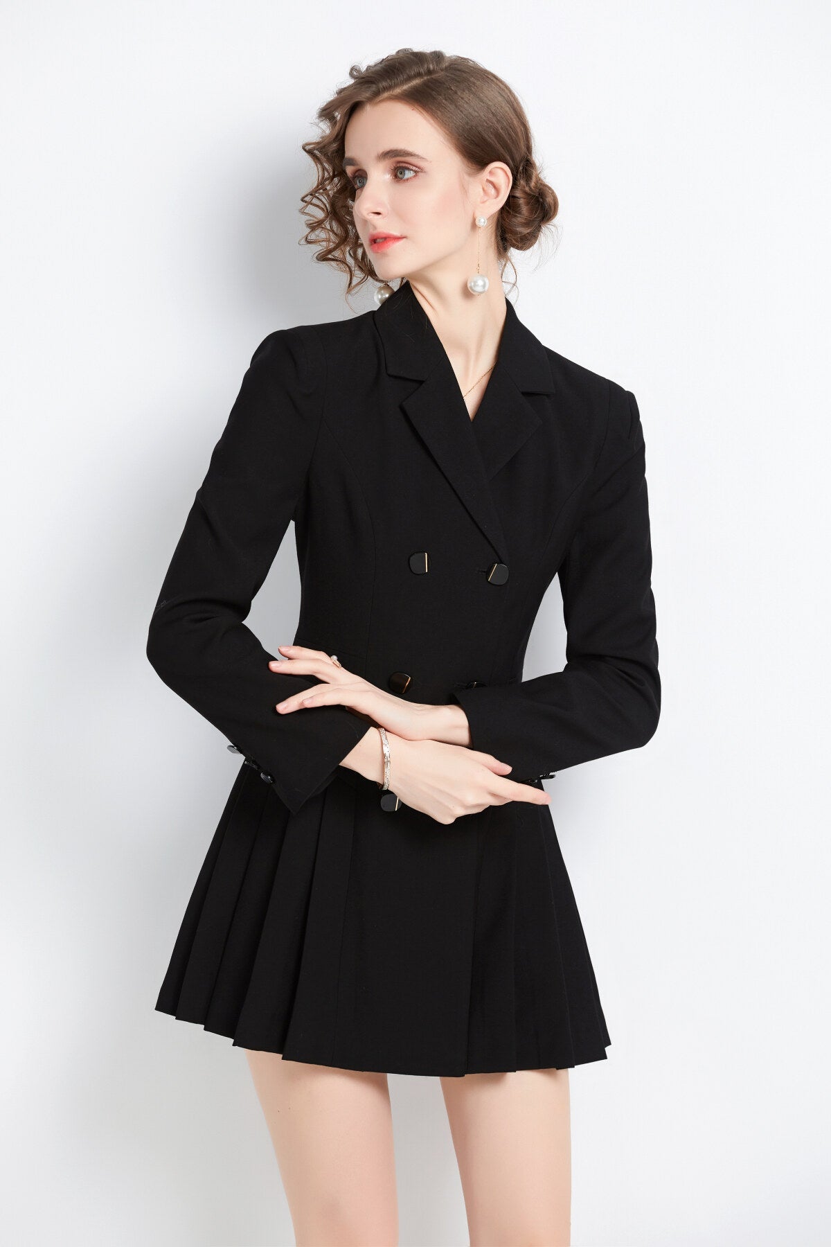 Black Pleated Cocktail Business Blazer Dress