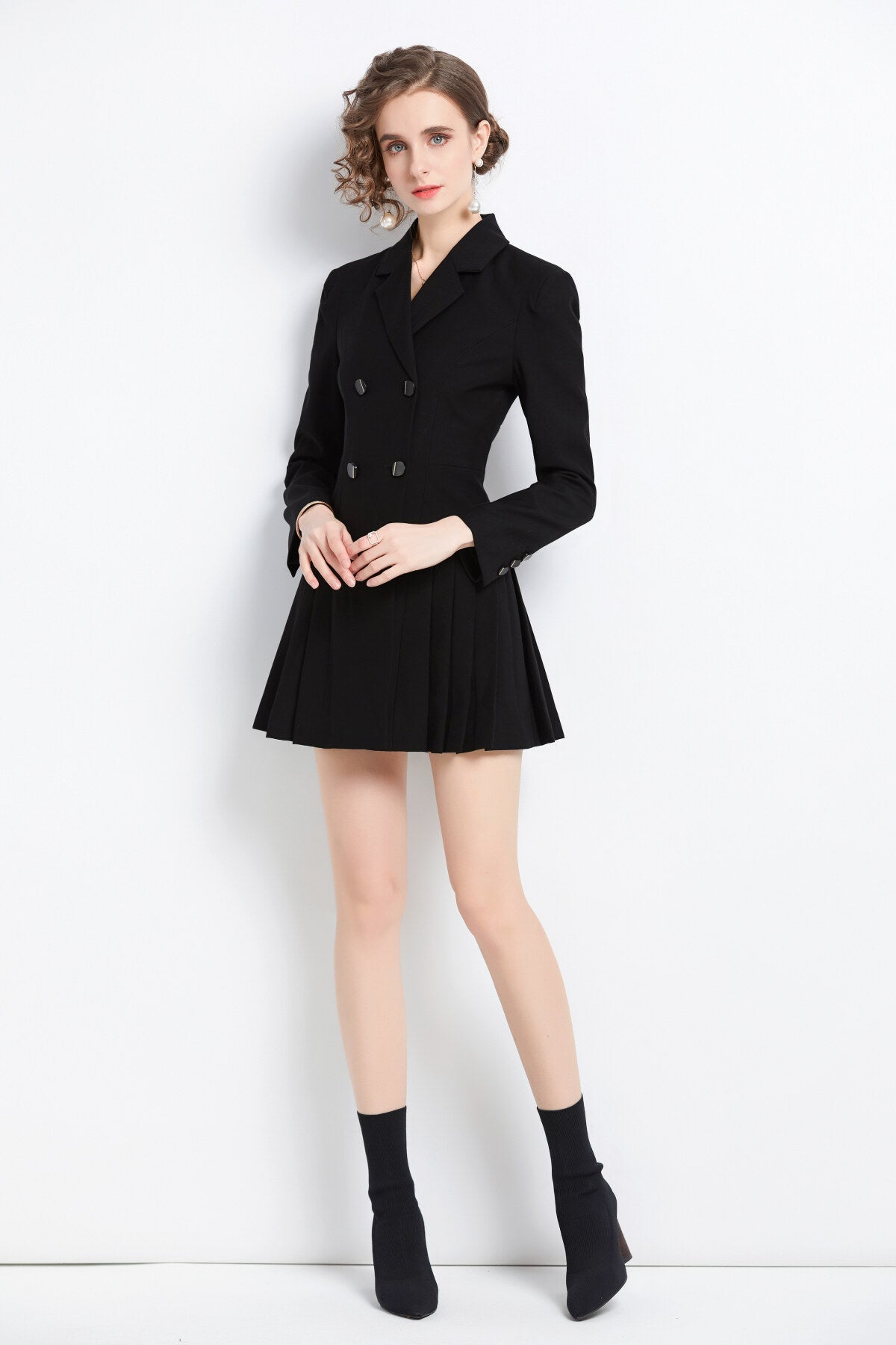 Black Pleated Cocktail Business Blazer Dress