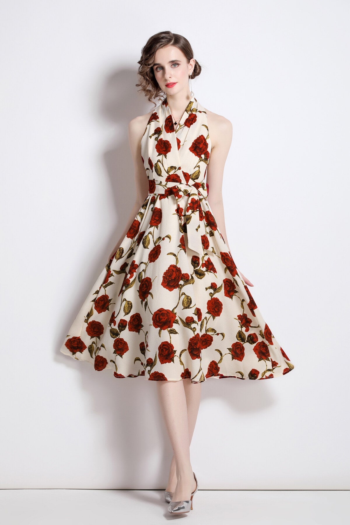 Floral High Waisted Slimming Halter Neck Beige A Line Dress