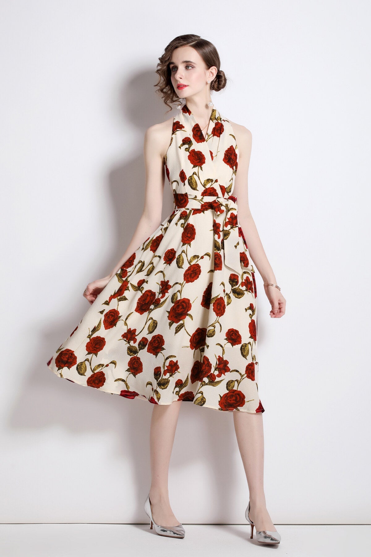 Floral High Waisted Slimming Halter Neck Beige A Line Dress