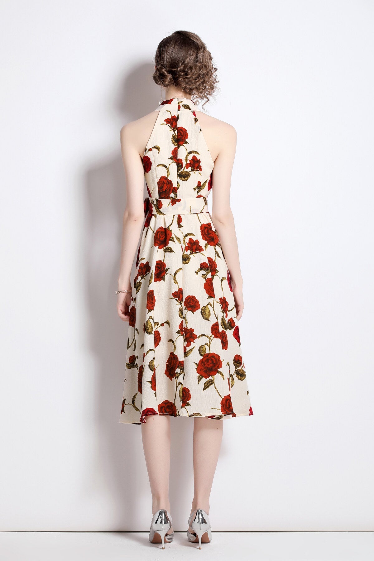 Floral High Waisted Slimming Halter Neck Beige A Line Dress