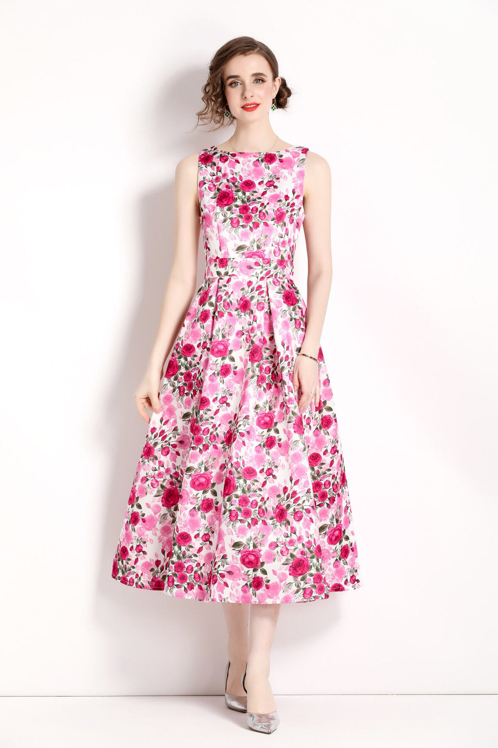 Floral Pink Sleeveless Midi Dress