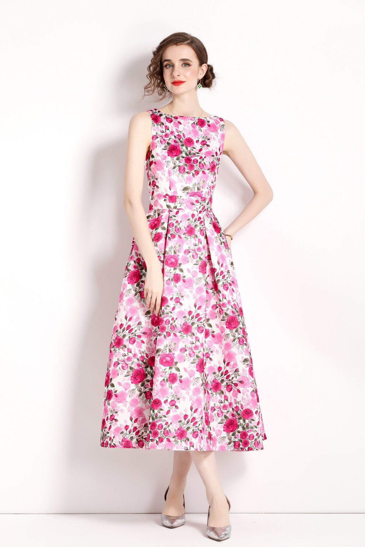 Floral Pink Sleeveless Midi Dress