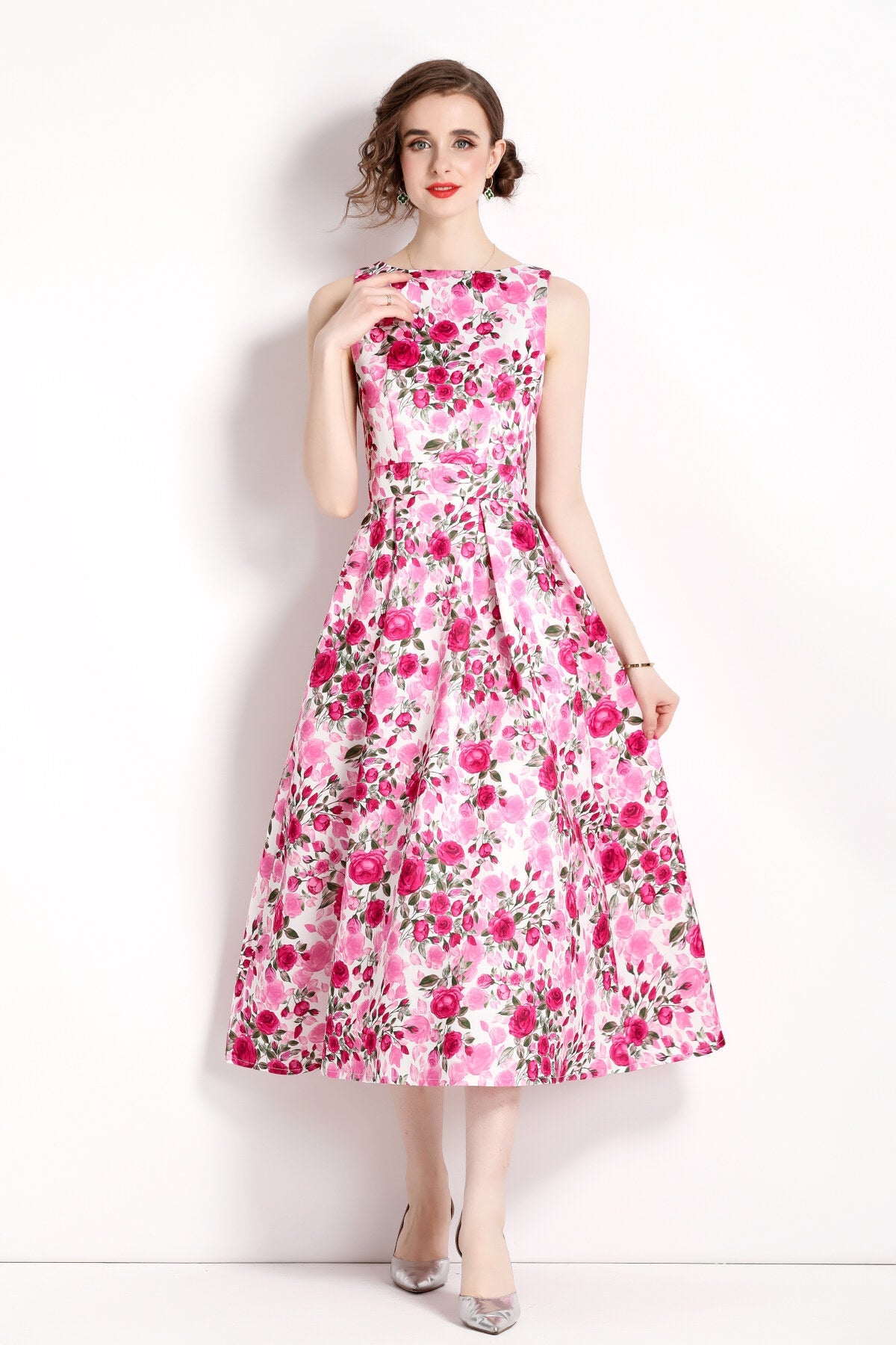 Floral Pink Sleeveless Midi Dress