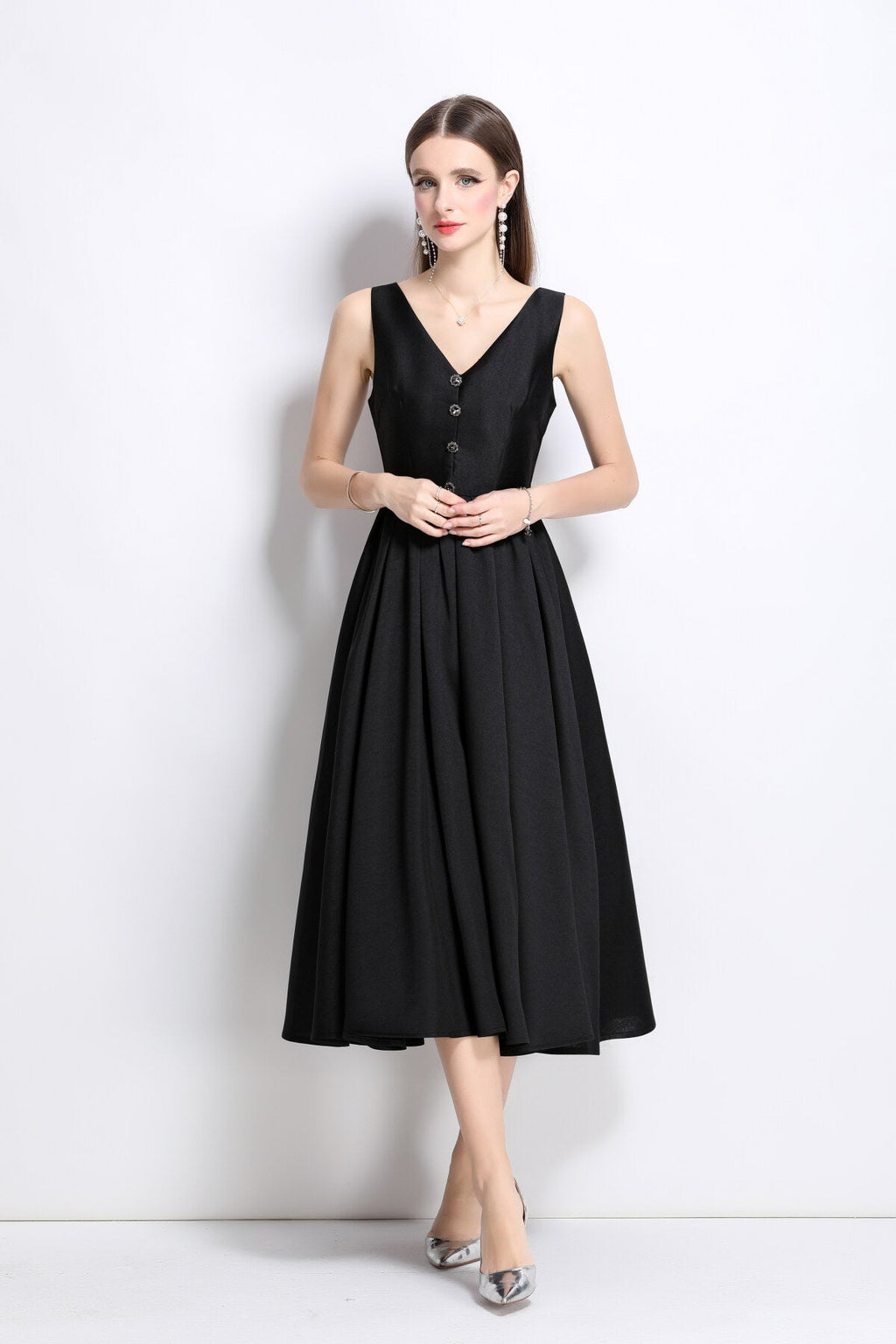 French Elegant Fitted Waist Midi V Neck Dress