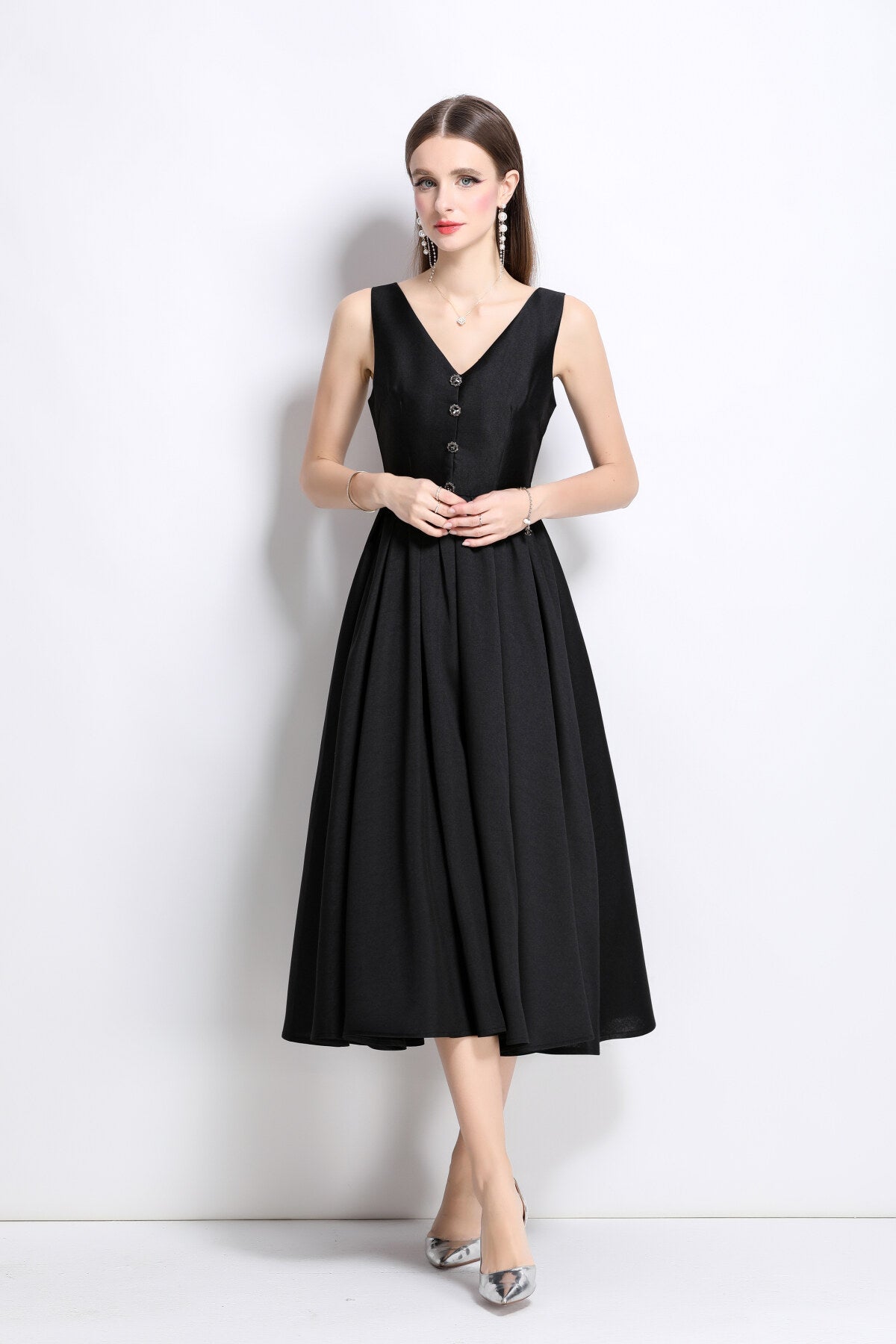 French Elegant Fitted Waist Midi V Neck Dress