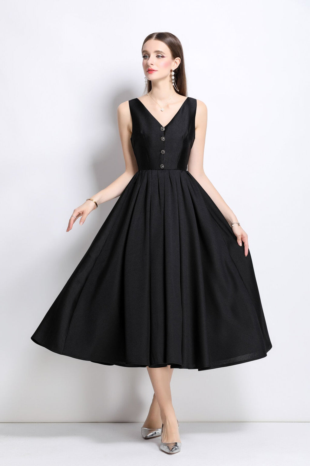 French Elegant Fitted Waist Midi V Neck Dress