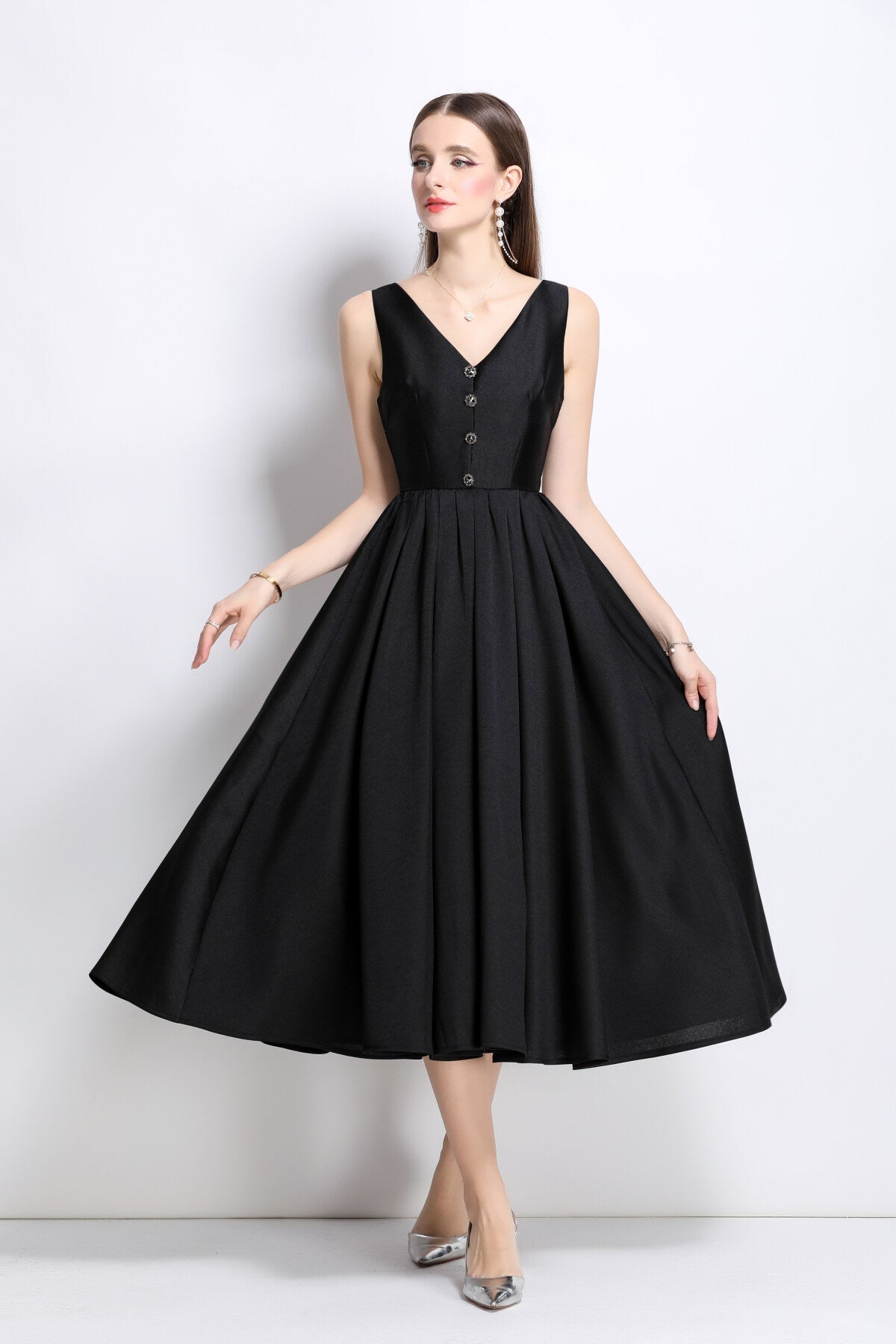French Elegant Fitted Waist Midi V Neck Dress
