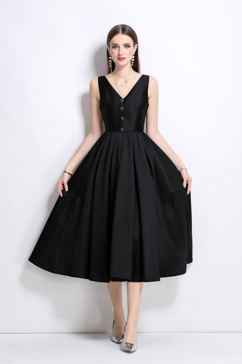 French Elegant Fitted Waist Midi V Neck Dress
