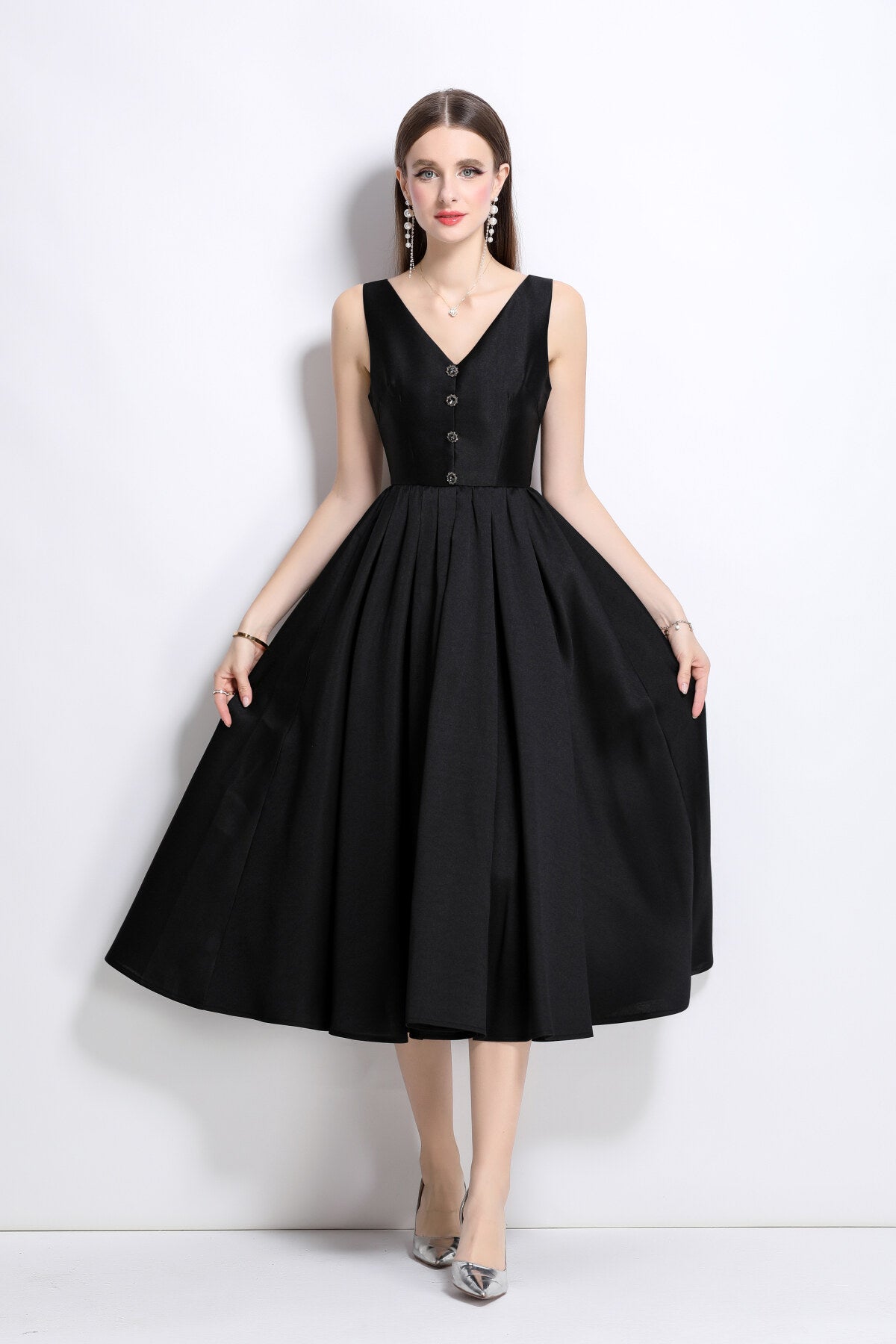French Elegant Fitted Waist Midi V Neck Dress
