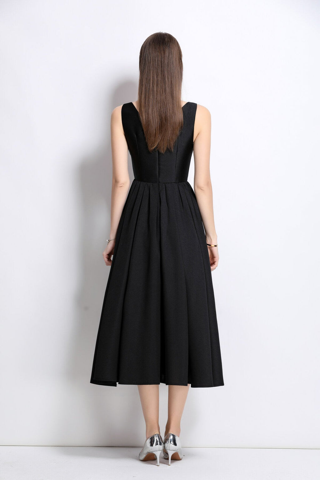 French Elegant Fitted Waist Midi V Neck Dress