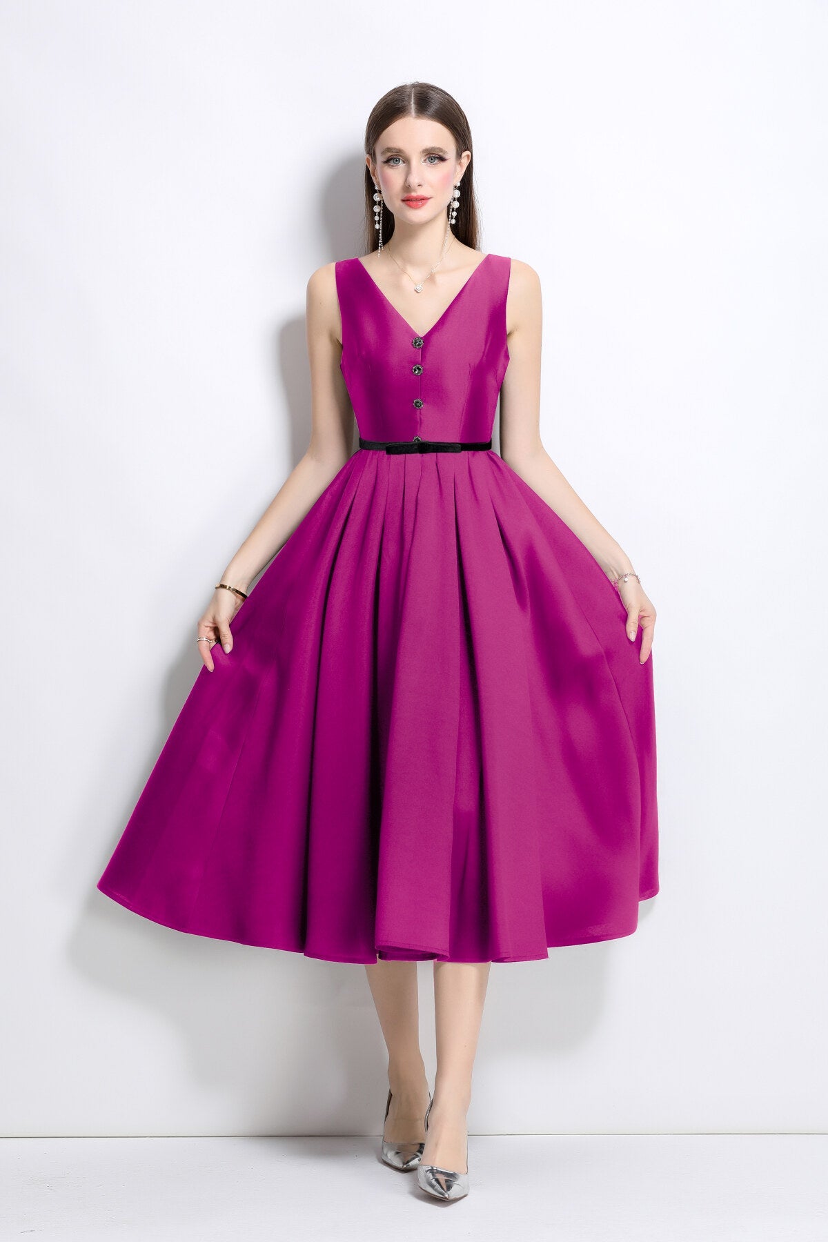 French Elegant Fitted Waist Midi V Neck Dress