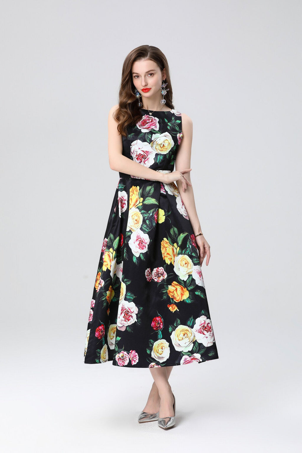 Garden Floral Structured Sleeveless High Waisted A Line Dress