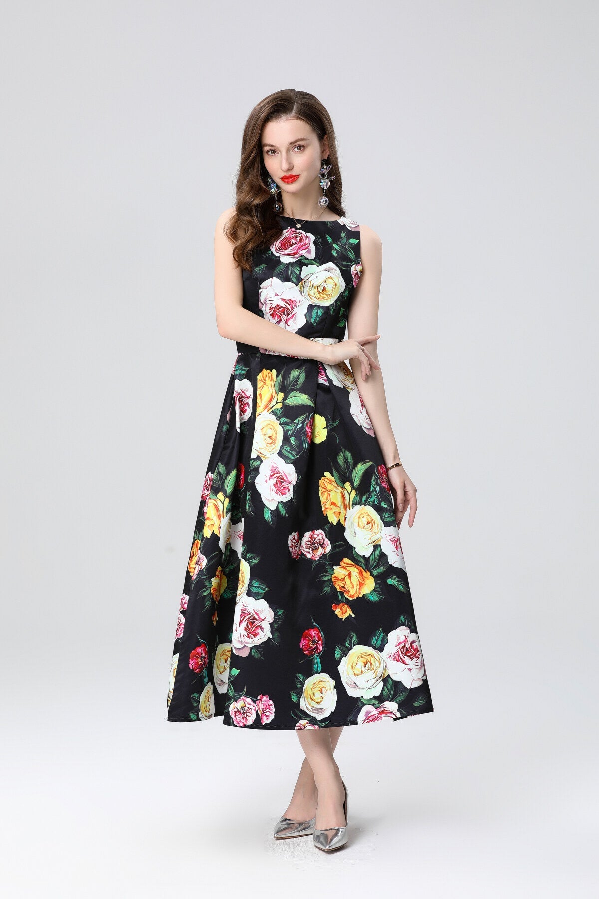 Garden Floral Structured Sleeveless High Waisted A Line Dress