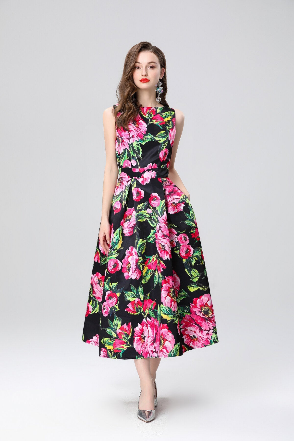 Garden Floral Structured Sleeveless High Waisted A Line Dress