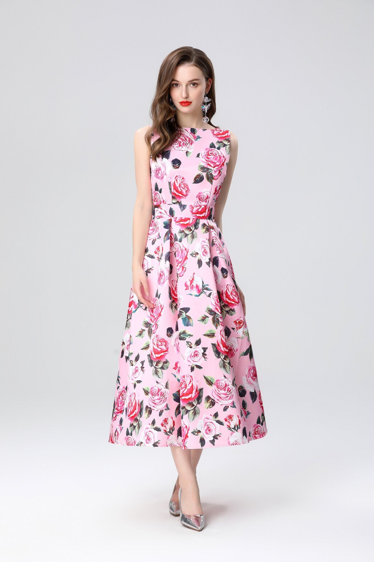 Garden Floral Structured Sleeveless High Waisted A Line Dress