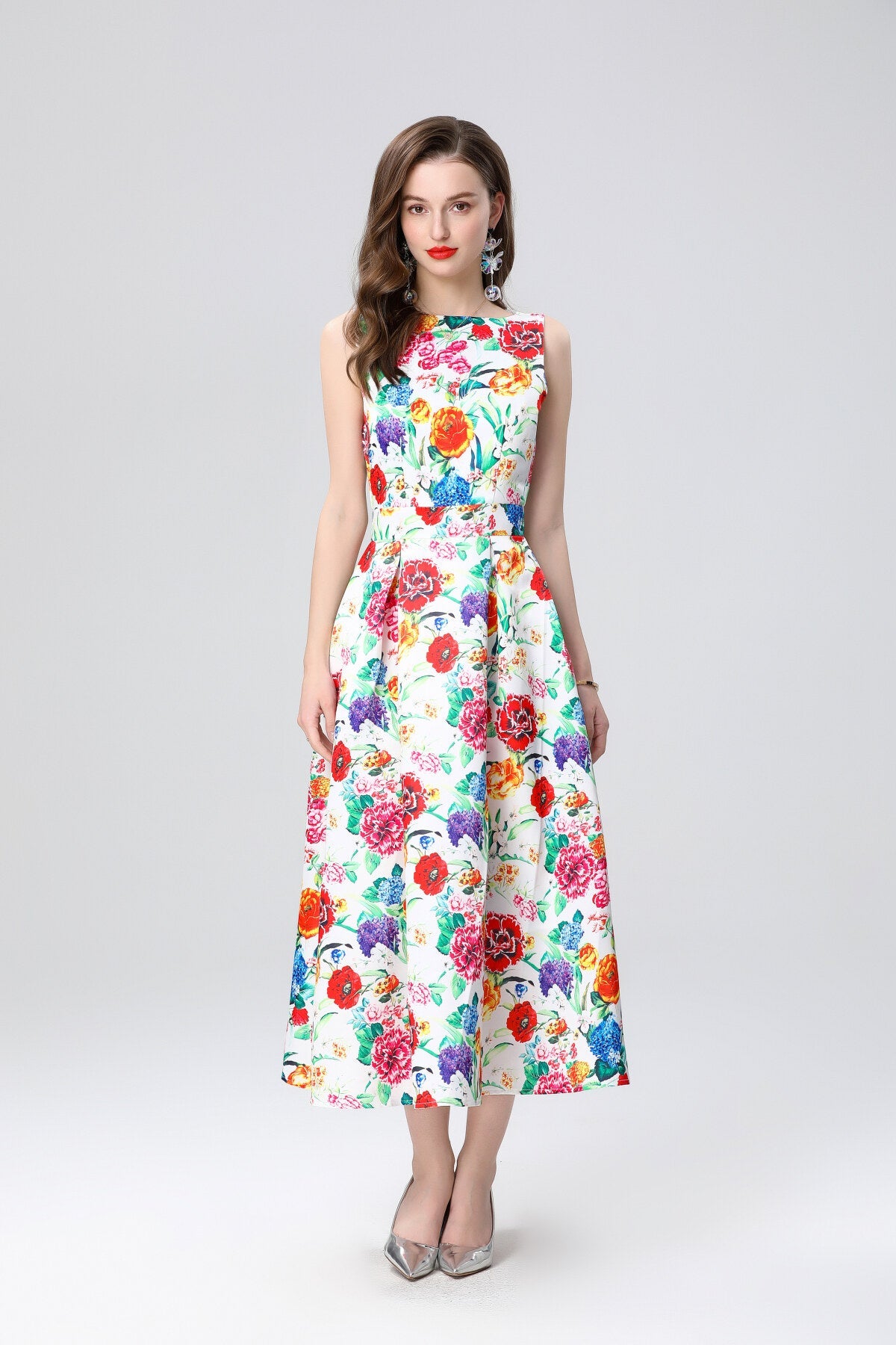Garden Floral Structured Sleeveless High Waisted A Line Dress