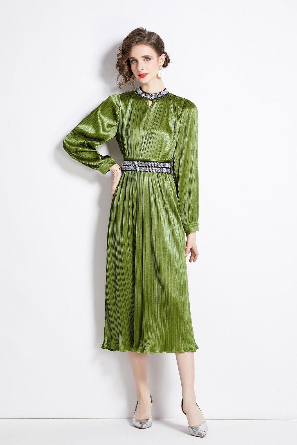 Lantern Sleeve Waist Tie Heavily Beaded Pleated Dress
