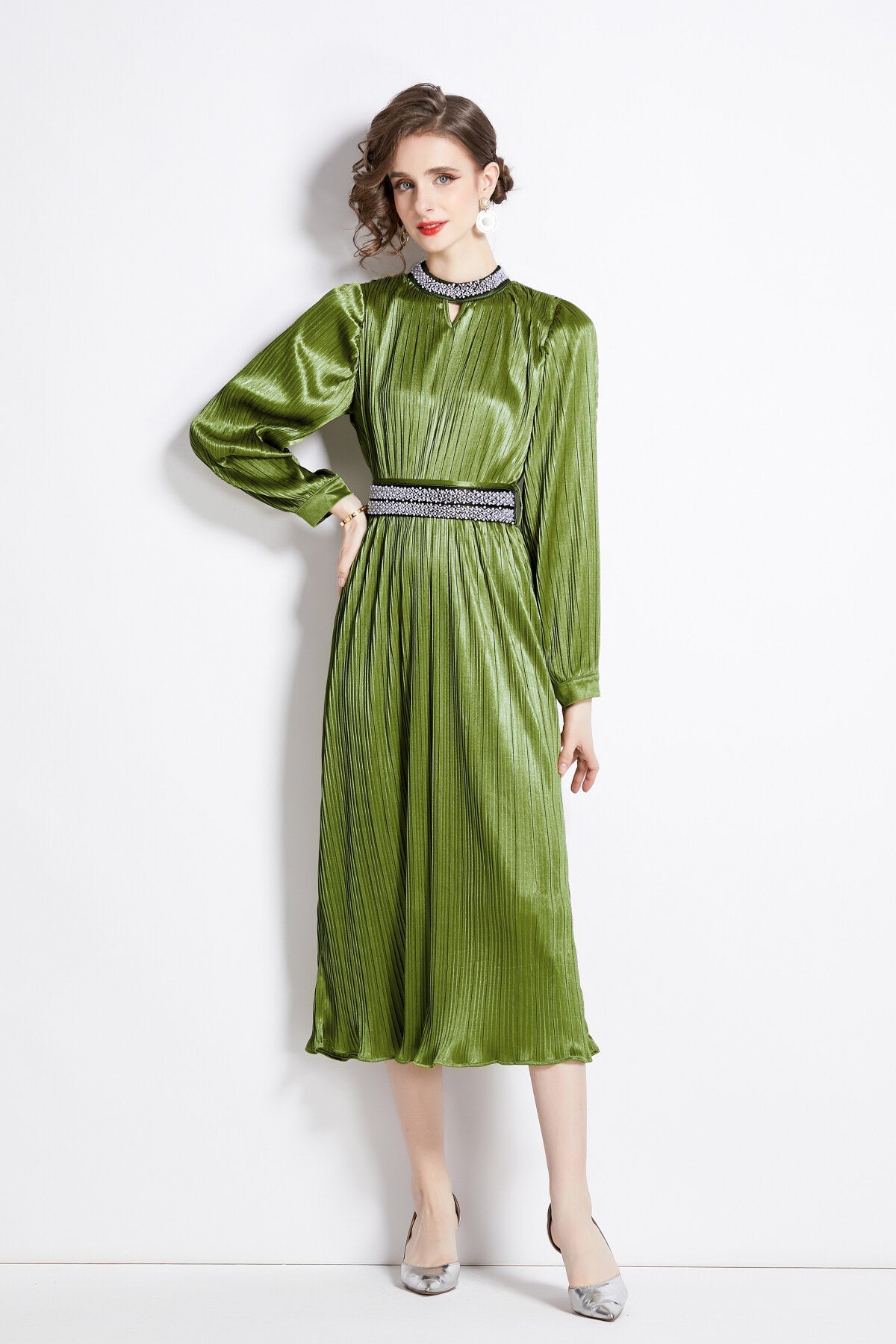Lantern Sleeve Waist Tie Heavily Beaded Pleated Dress