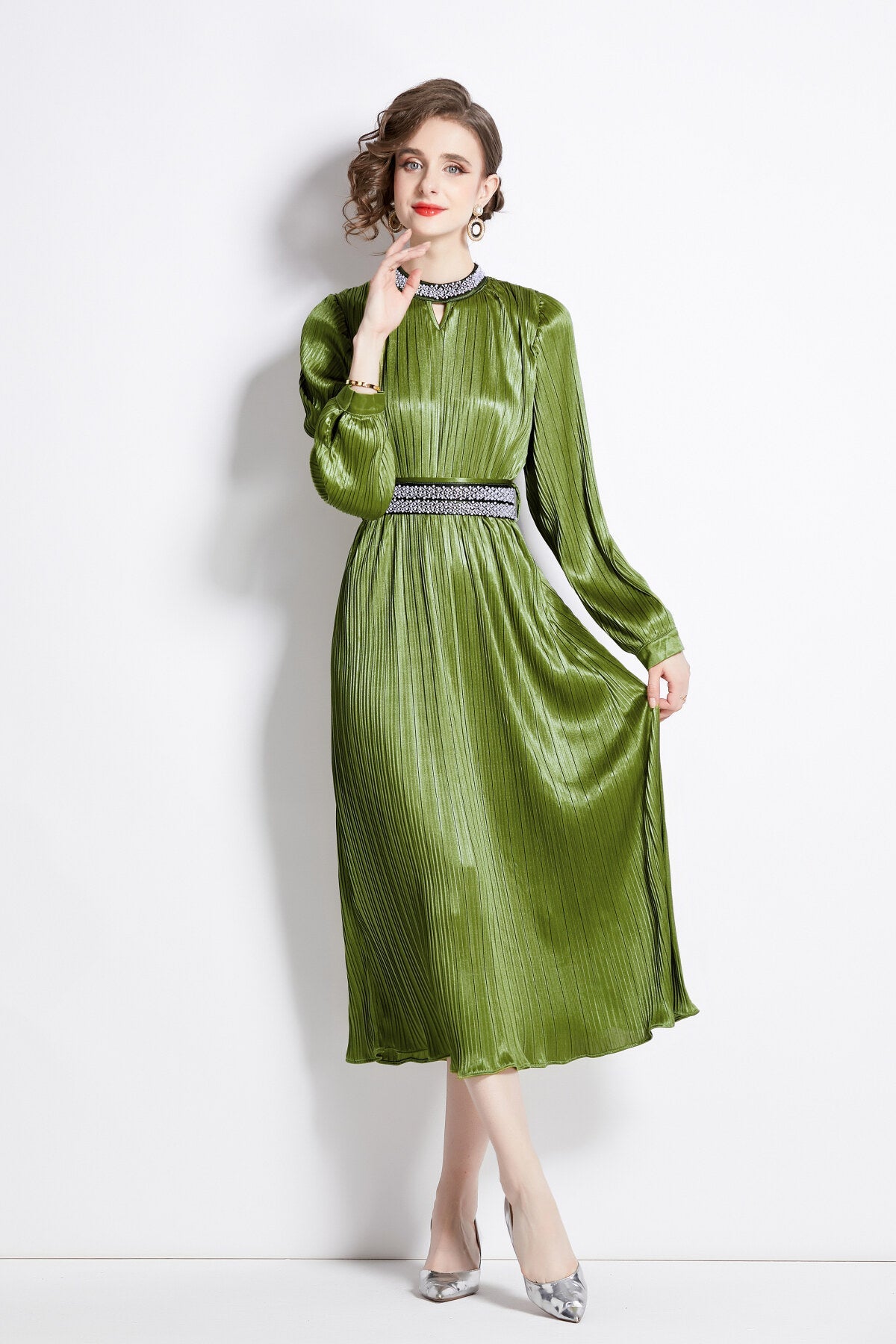 Lantern Sleeve Waist Tie Heavily Beaded Pleated Dress