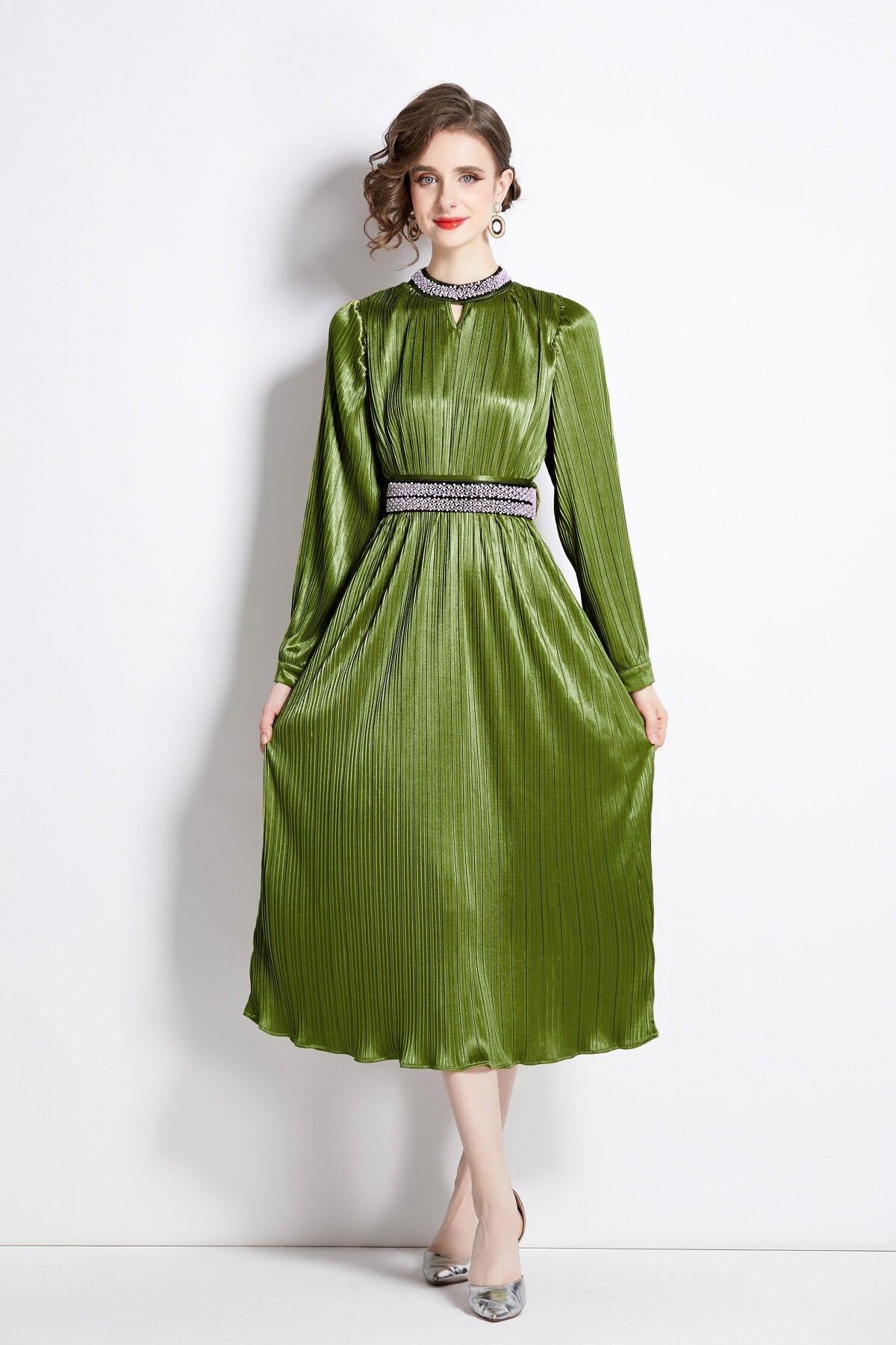 Lantern Sleeve Waist Tie Heavily Beaded Pleated Dress
