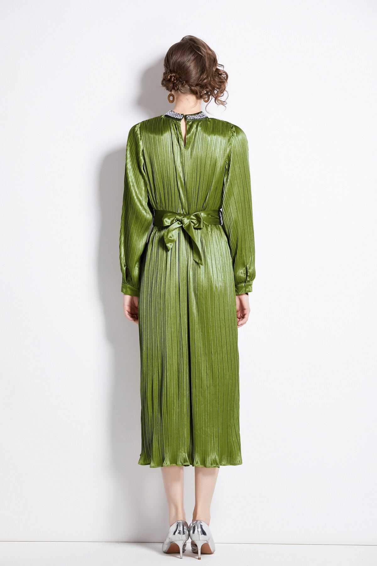 Lantern Sleeve Waist Tie Heavily Beaded Pleated Dress