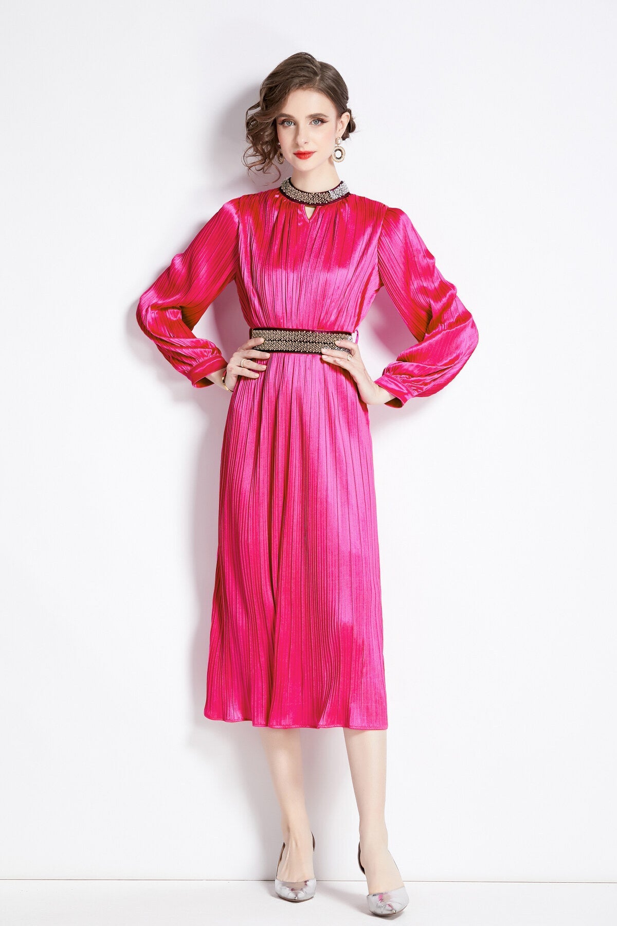 Lantern Sleeve Waist Tie Heavily Beaded Pleated Dress