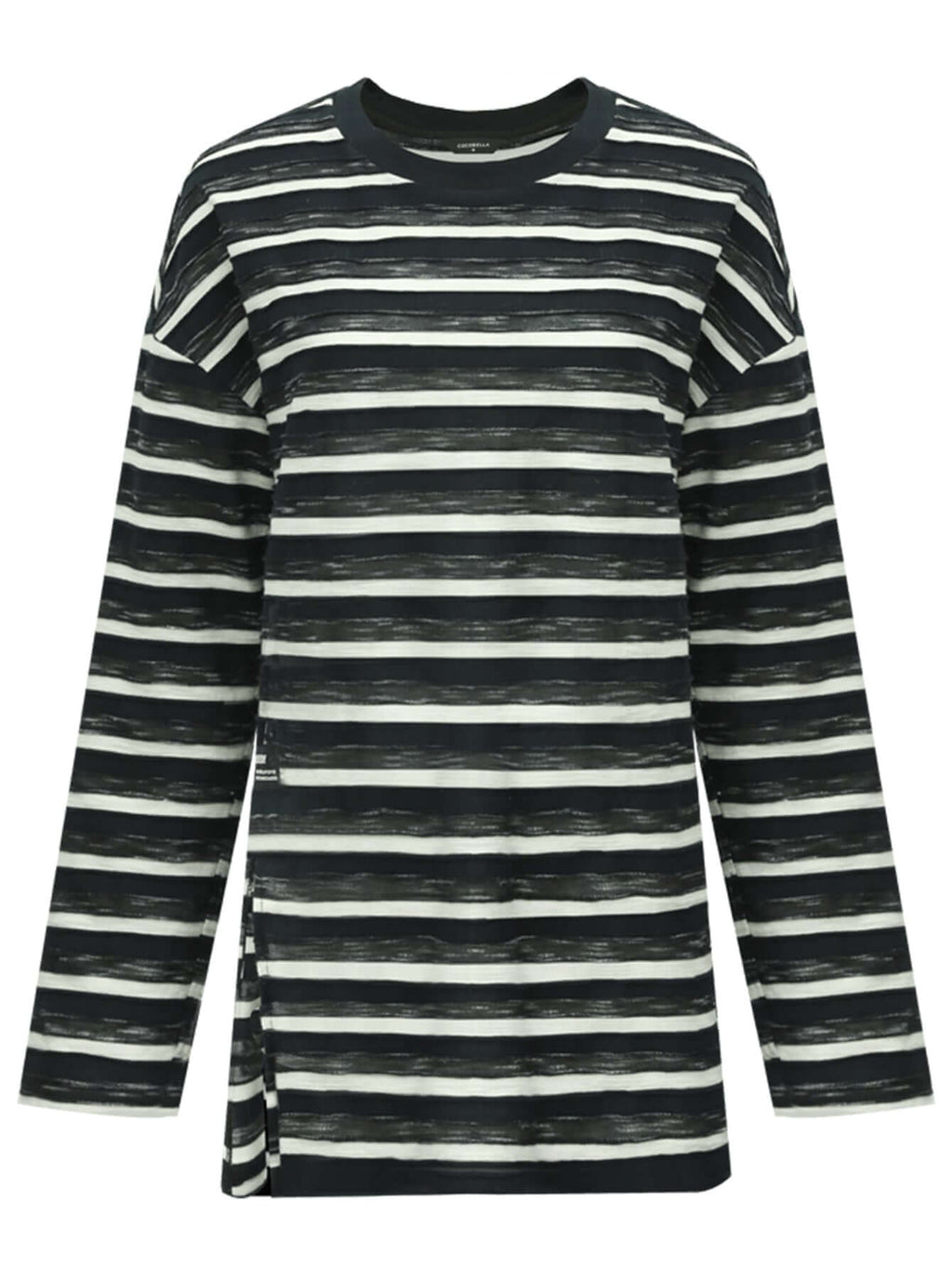 Loose Long Sleeve Striped Tee with Side Slit