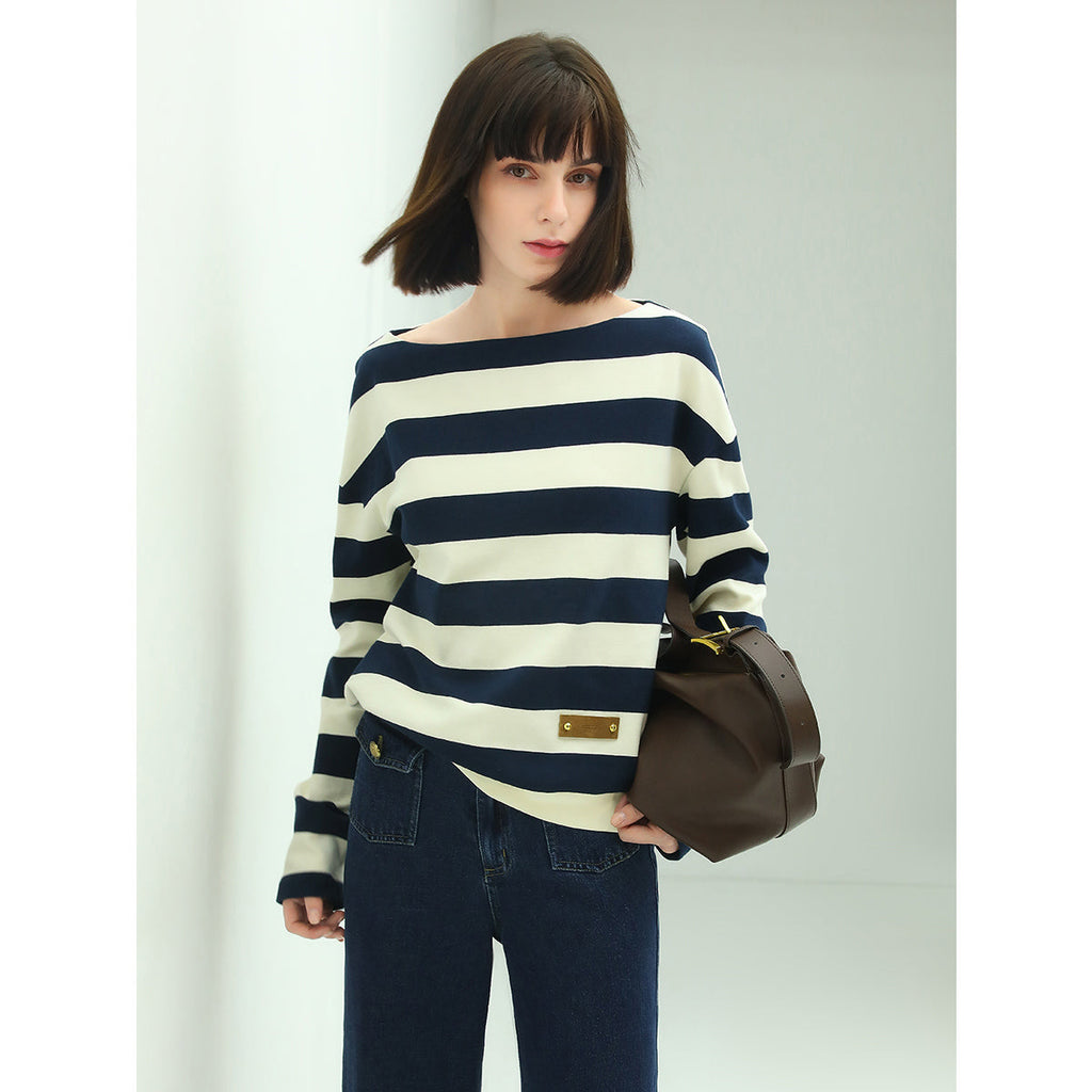 Nautical Boat Neck Long Sleeved Striped Knitted Tee