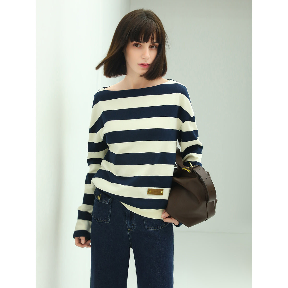 Nautical Boat Neck Long Sleeved Striped Knitted Tee