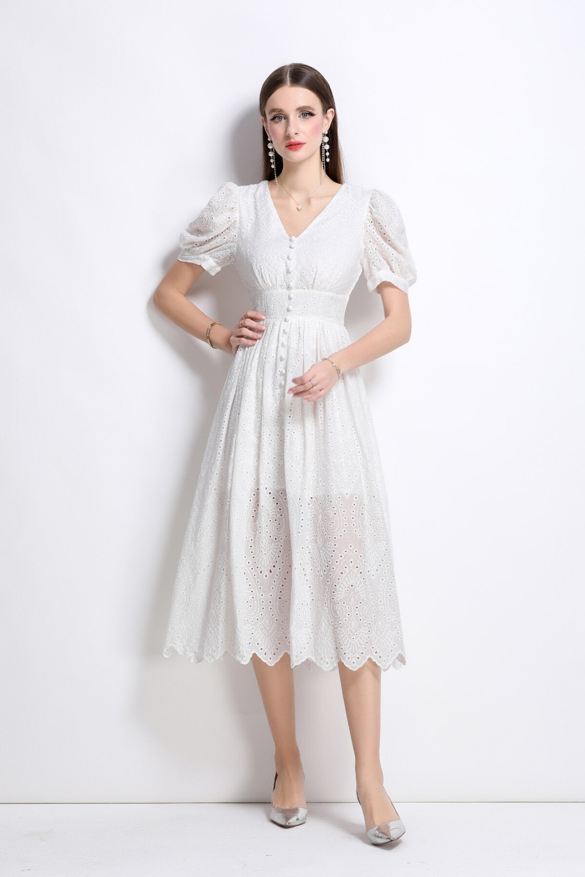 Plunging Neckline Lantern Sleeve Flowy White Maxi Dress