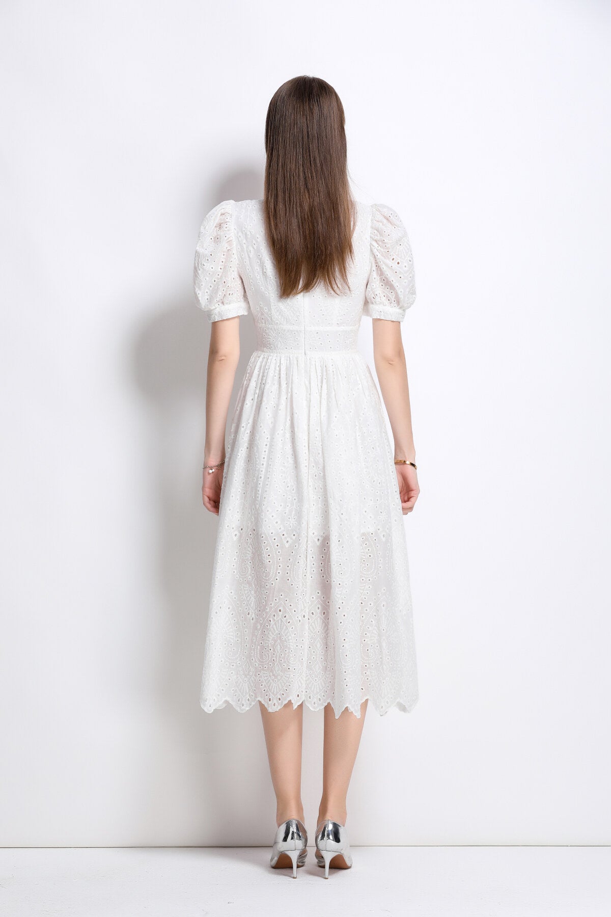 Plunging Neckline Lantern Sleeve Flowy White Maxi Dress