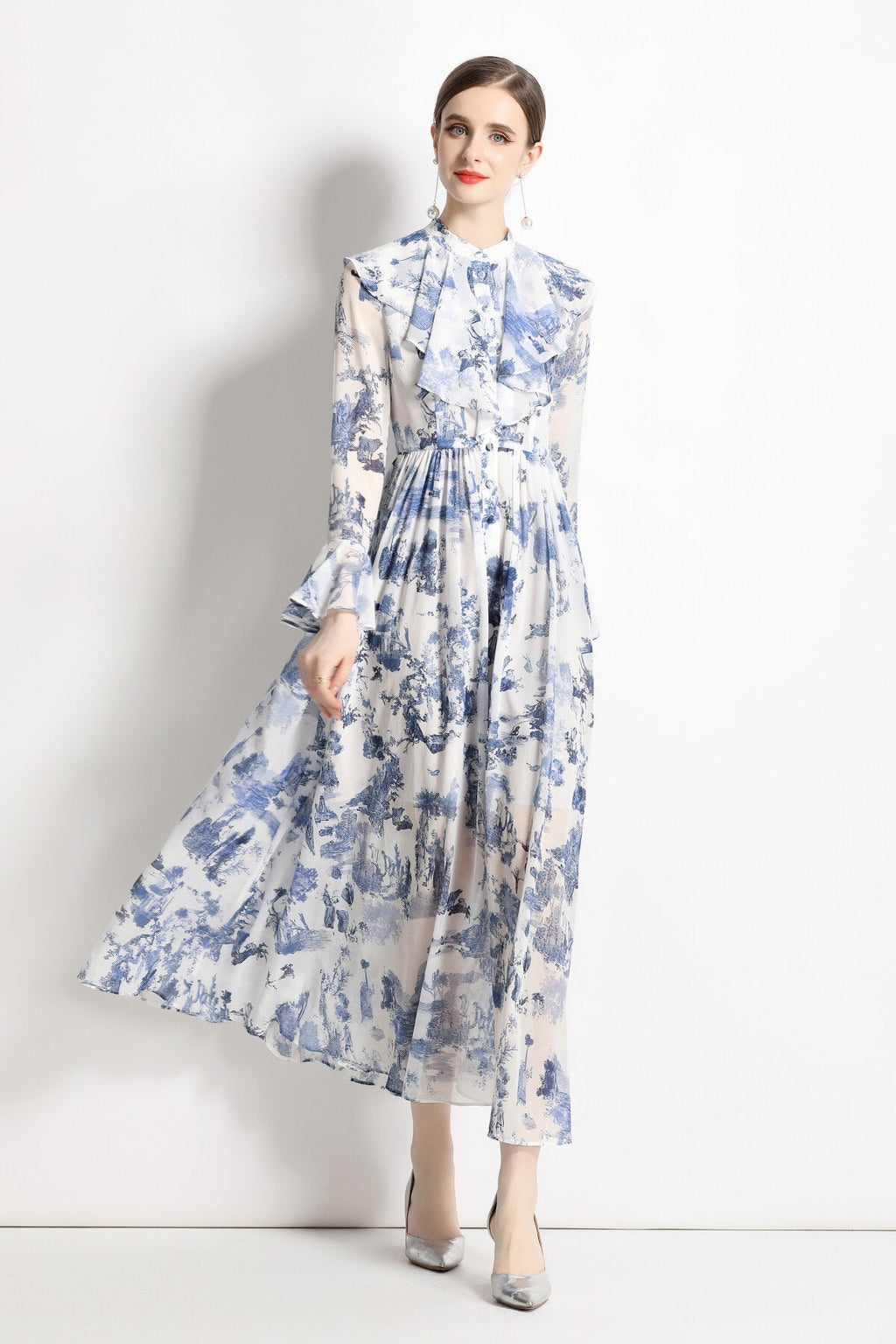 Porcelain Blue Floral Slim Fit Long Sleeve Shirt Dress