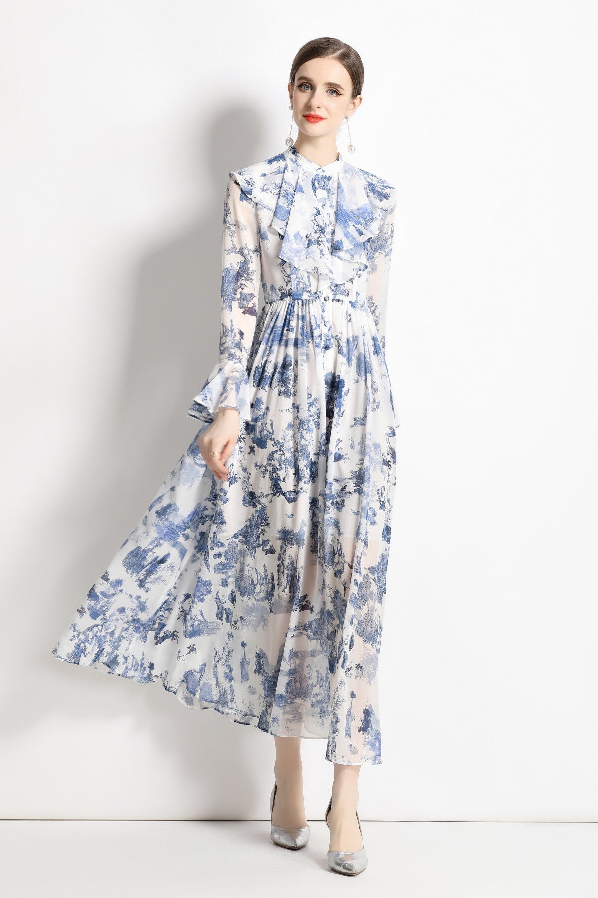 Porcelain Blue Floral Slim Fit Long Sleeve Shirt Dress