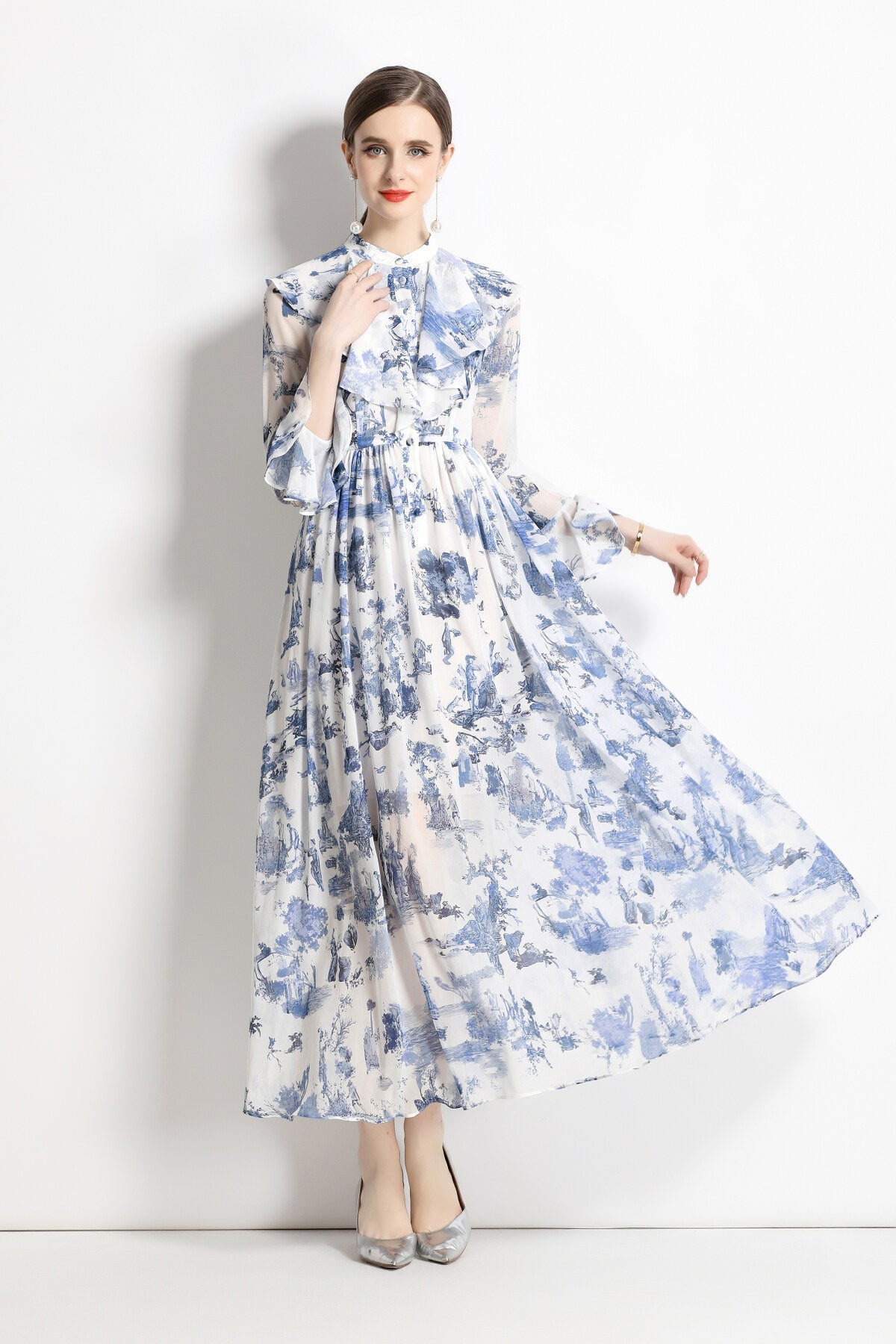 Porcelain Blue Floral Slim Fit Long Sleeve Shirt Dress