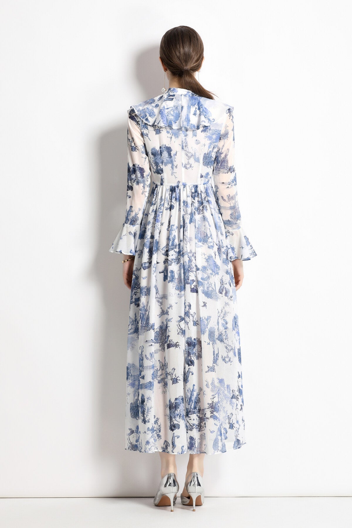 Porcelain Blue Floral Slim Fit Long Sleeve Shirt Dress