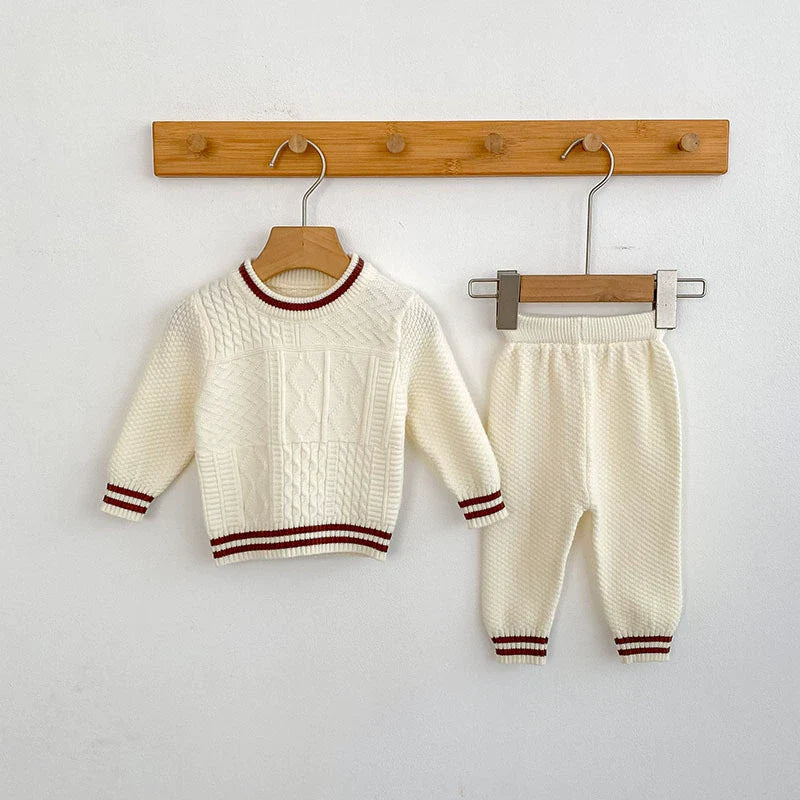 Arrival Autumn Baby Unisex Long Sleeves Geometric Jacquard Pattern Knitted Top Sweater and Long Trousers Clothing Set