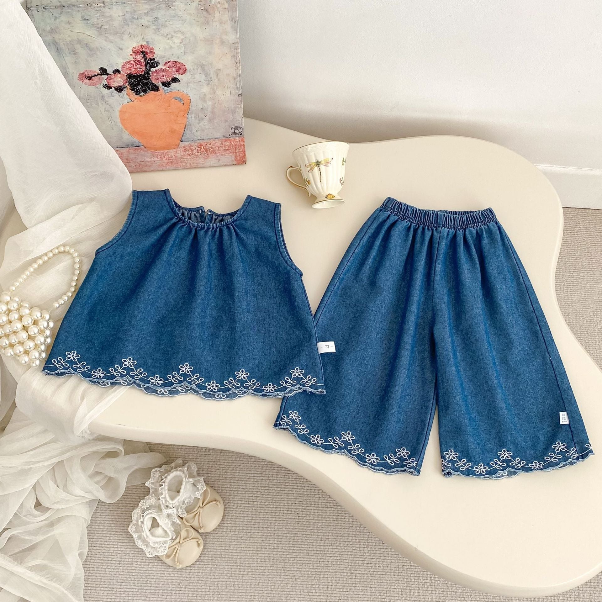 Summer Baby Kids Girls Flowers Pattern Embroidered Sleeveless Top and Pants Denim Clothing Set