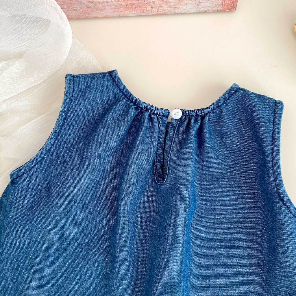 Summer Baby Kids Girls Flowers Pattern Embroidered Sleeveless Top and Pants Denim Clothing Set