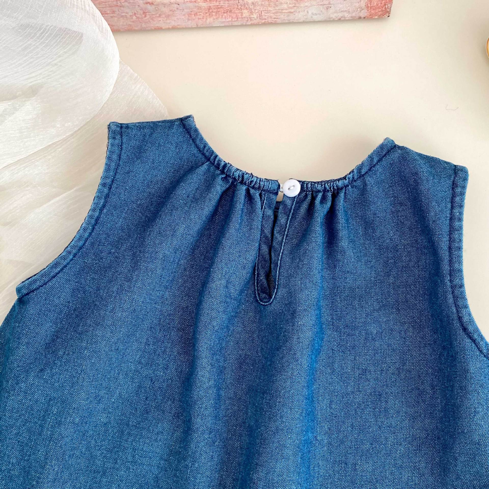 Summer Baby Kids Girls Flowers Pattern Embroidered Sleeveless Top and Pants Denim Clothing Set